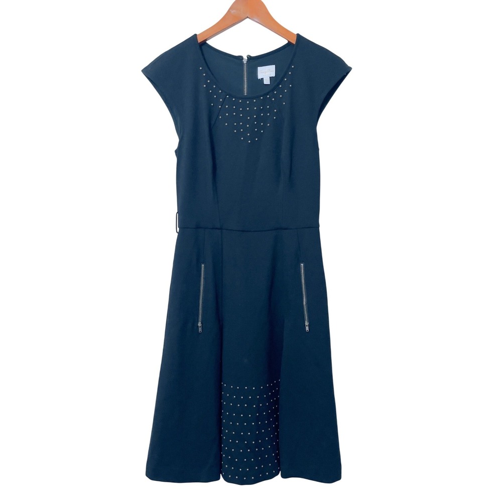 Tracy Reese Womens Studded Fit & Flare Dress 4 Black Cap Sleeve Mini Edgy Modern